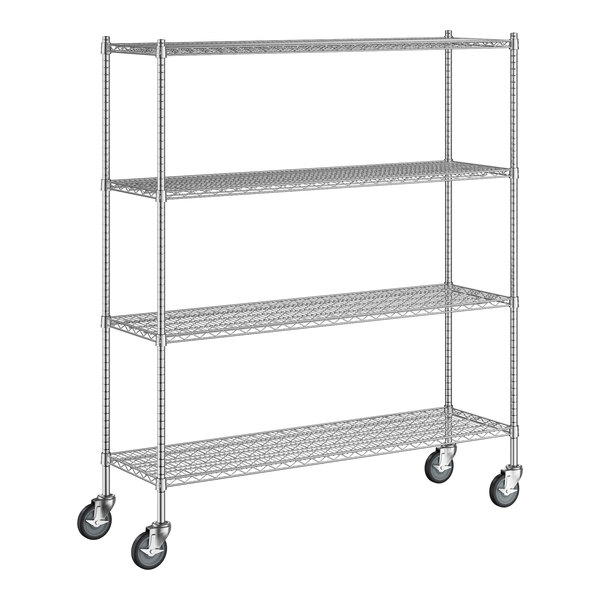 A Regency chrome wire shelving unit with four wheels.