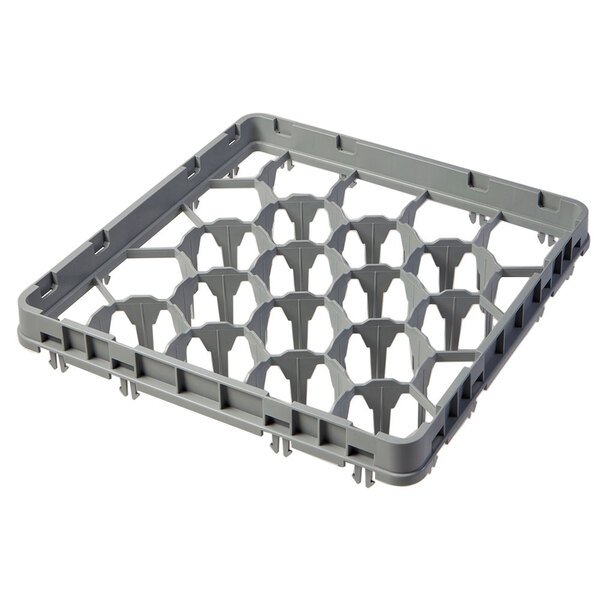 A grey plastic Cambro glass rack extender with compartments and holes.