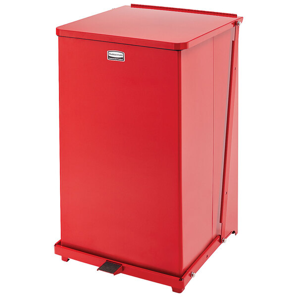 A red Rubbermaid commercial trash can with a lid.