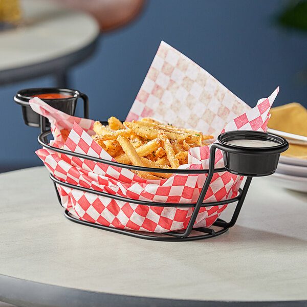 American Metalcraft BSKB96 Black Oblong Wire Basket with Ramekin Holders 9" x 6" x 4"