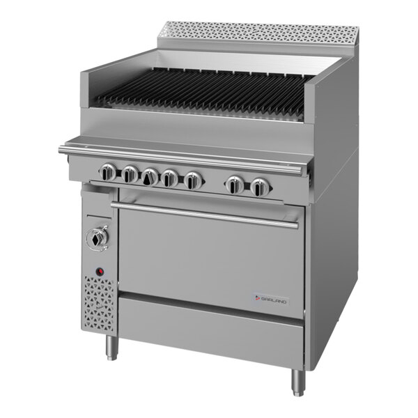 A large stainless steel Garland charbroiler with a radiant grill over a large oven.