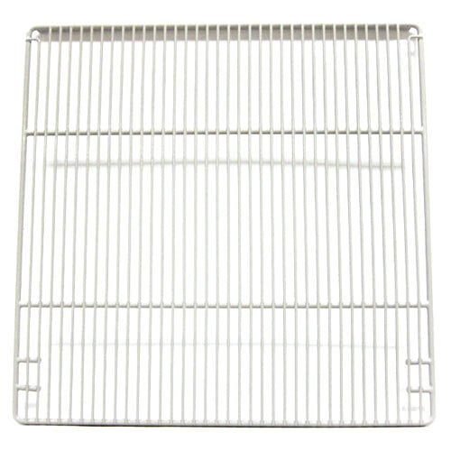 A gray metal wire shelf with a white background.