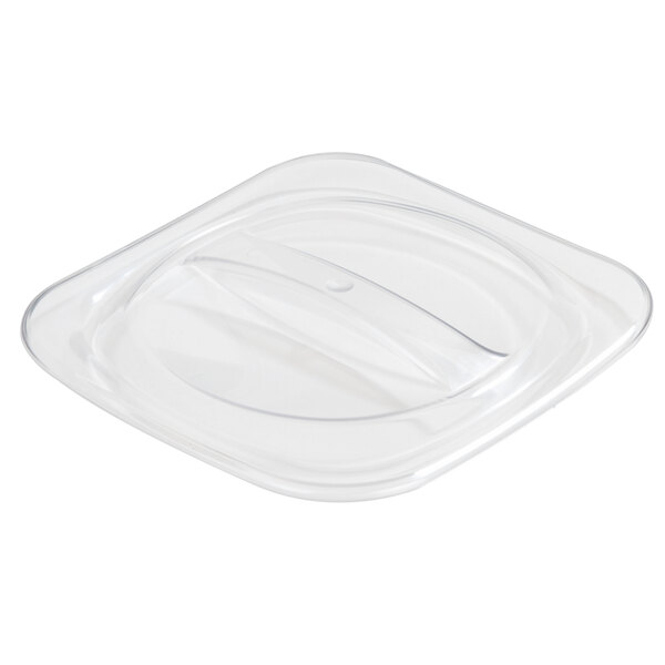 A clear plastic lid with a handle for a Carlisle Designer Coldmaster crock.