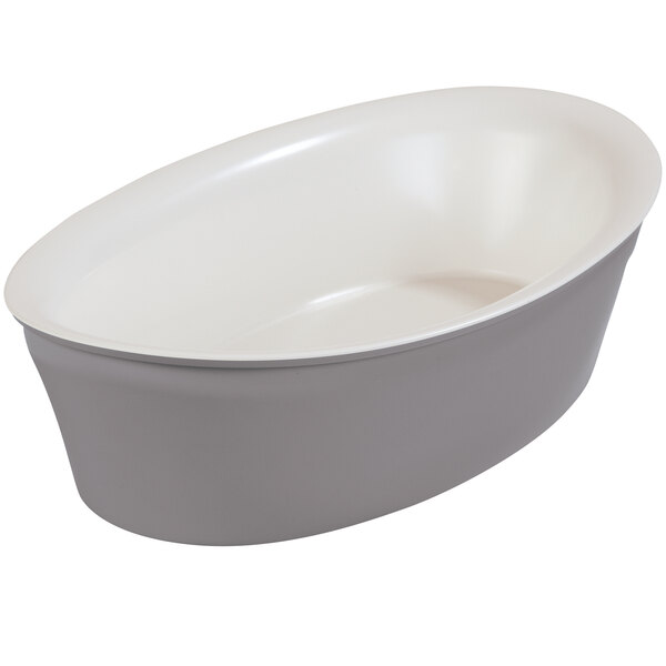 A white and grey oval tub with a white and grey bowl inside.