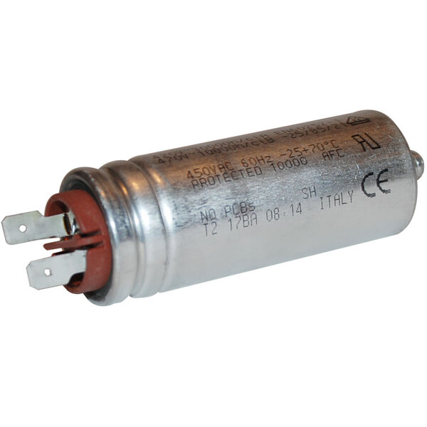A silver metal capacitor with red and silver metal on the ends.