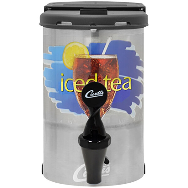 A silver and black Curtis iced tea dispenser with iced tea in it.