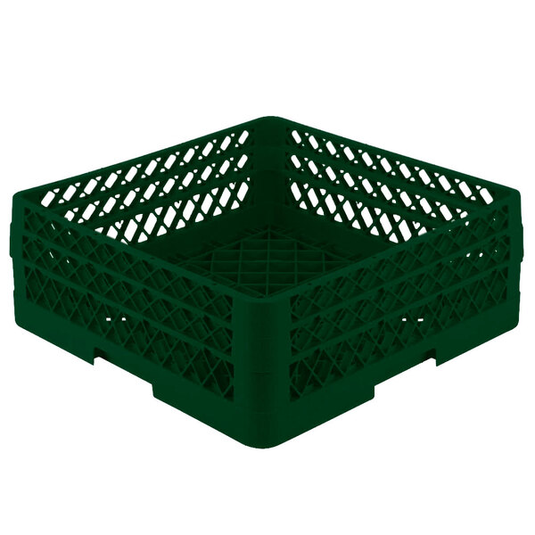 A green plastic Vollrath Traex open rack with a lattice pattern and holes.