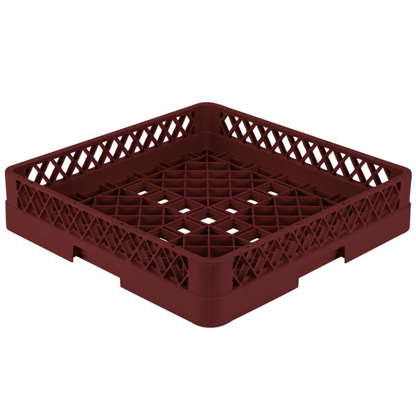 A red plastic Vollrath Traex dish rack with a grid design.