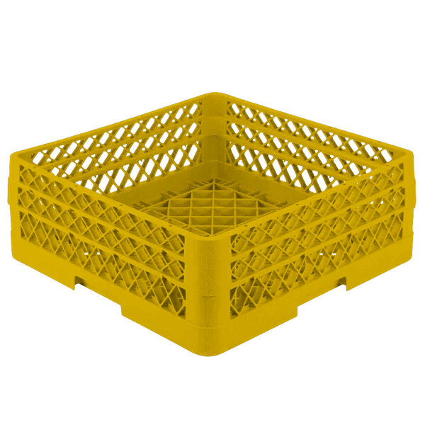 A yellow plastic Vollrath Traex rack with a mesh design.