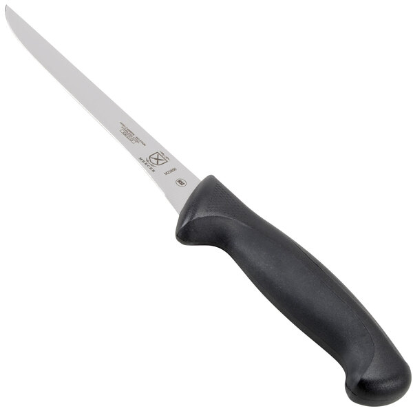 A Mercer Culinary Millennia semi-flexible boning knife with a black handle.