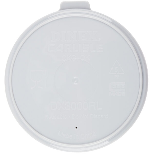 A white plastic Dinex lid with text reading "Dinex Turnbury" and a circle in the middle.