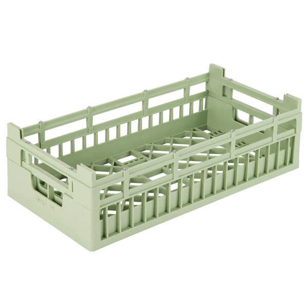 A light green plastic dish rack with metal rods.