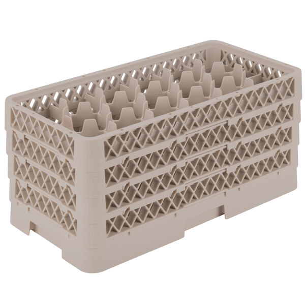 A beige plastic Vollrath Traex glass rack with compartments.