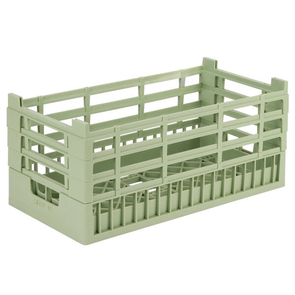 A light green plastic dish and flatware rack with four X-tall compartments.