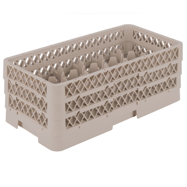 A beige plastic Vollrath glass rack with 17 compartments.