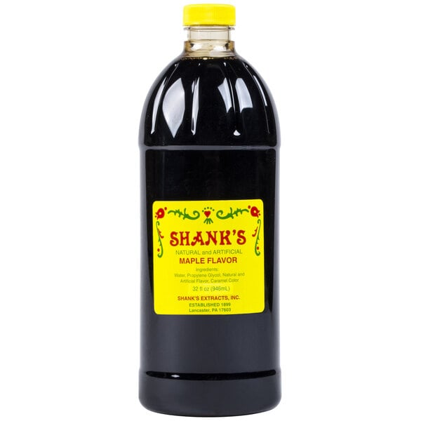 A black bottle of Shank's Natural and Artificial Maple Flavor with a yellow label.
