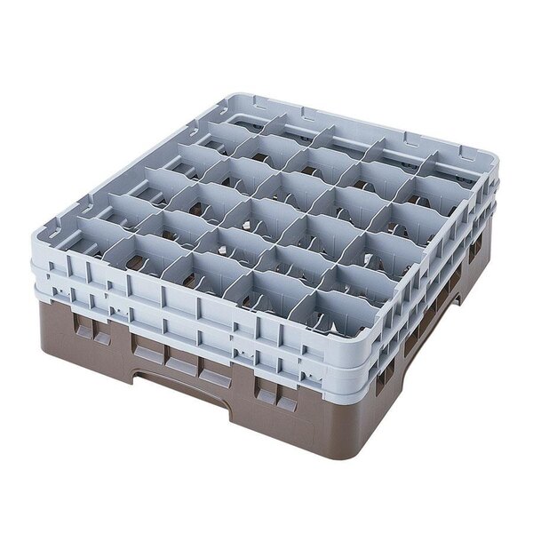 A brown plastic Cambro glass rack with many compartments.