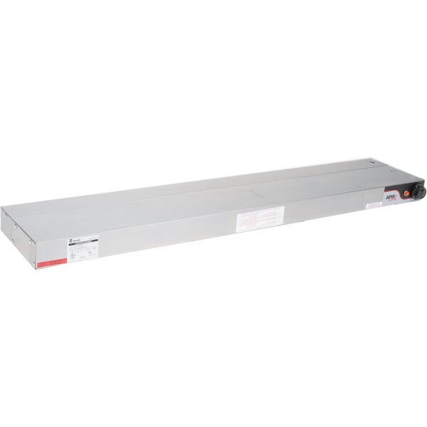 A white rectangular metal box with red labels and a long rectangular metal shelf with red lights.