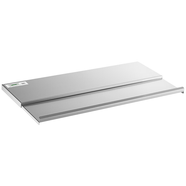 A stainless steel shelf with a sliding lid on a white rectangular tray.