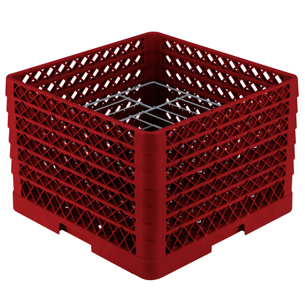 A red plastic Vollrath Traex plate rack with metal grate.
