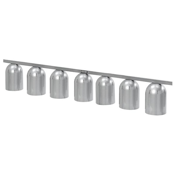 A silver Nemco suspension bar with 7 metal heat lamp fixtures.