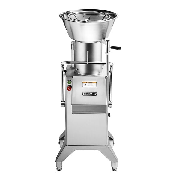 A Hobart commercial food processor with a stainless steel bowl and handle.