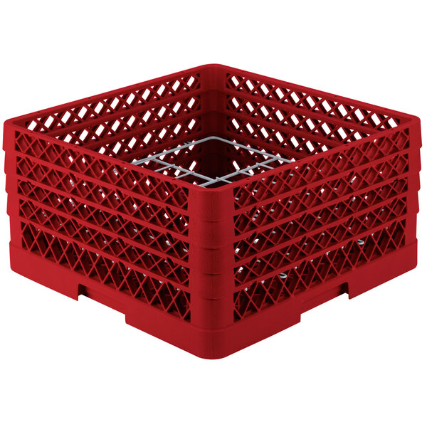 A red plastic Vollrath Traex Plate Crate with metal rods.