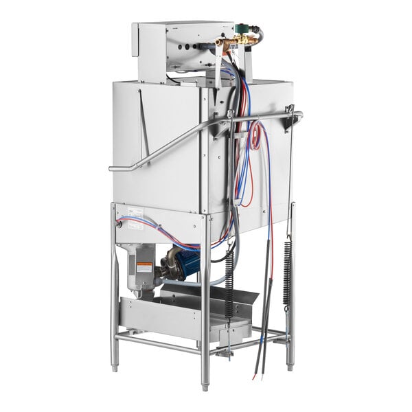 A commercial stainless steel single rack low temperature door-type dish machine with attached hoses and electrical components.