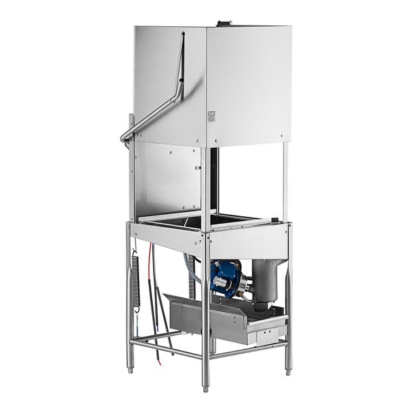 A commercial stainless steel single rack low temperature door-type dish machine.