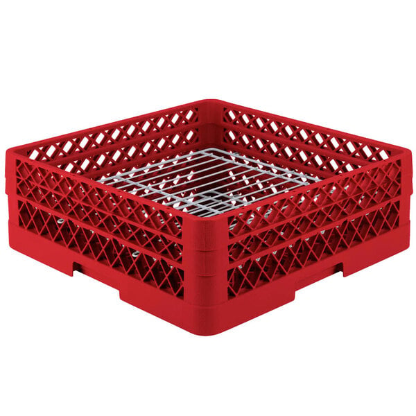 A red Vollrath Traex plate rack with metal wire racks.