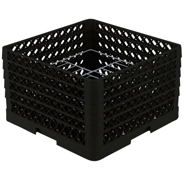 A black plastic Vollrath Traex Plate Crate with compartments and  a silver grate.