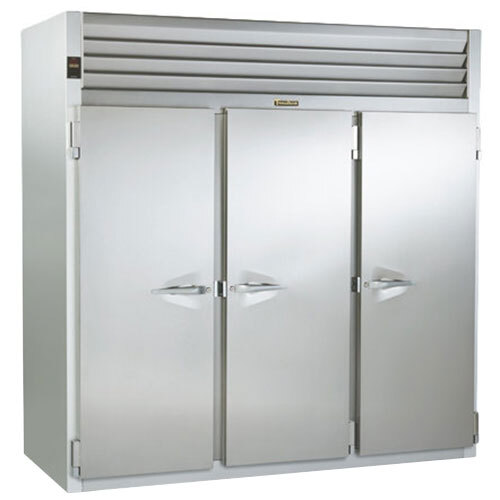 A large Traulsen roll-thru heated holding cabinet with three doors, one white and two silver.