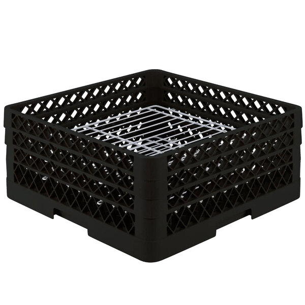 A black plastic Vollrath Traex Plate Crate dish rack with metal grates.