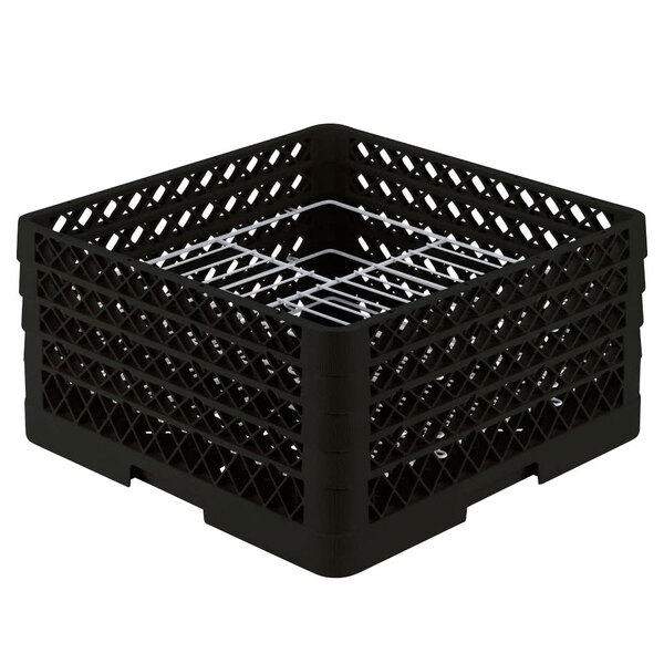 A black plastic Vollrath Traex plate rack with metal grates.