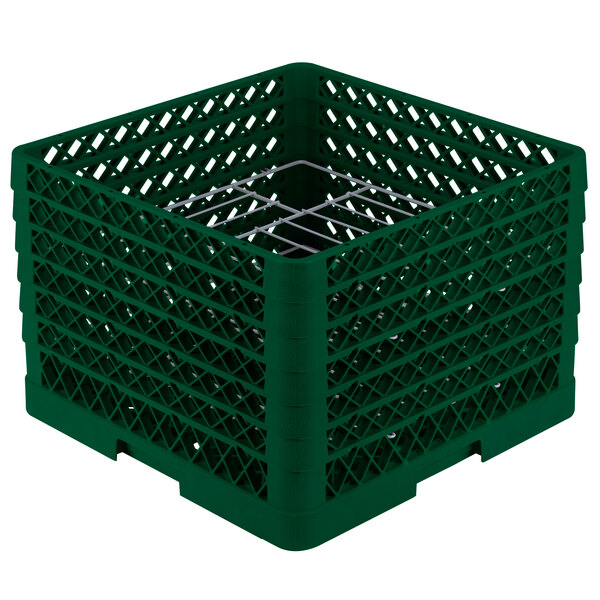 A green plastic Vollrath Traex Plate Crate with silver metal rods.
