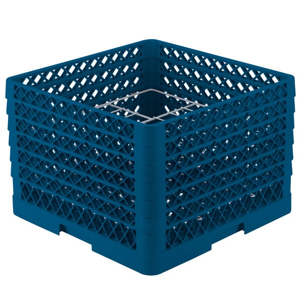 A blue plastic Vollrath Traex plate rack with 12 compartments and silver metal rods.