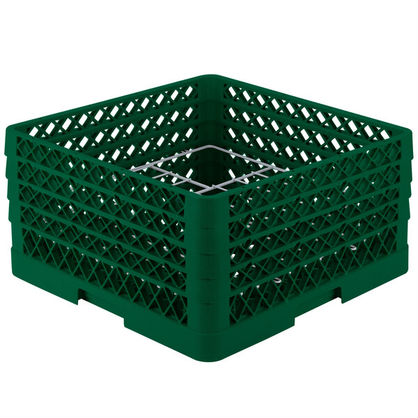 A green Vollrath Traex plate rack with metal rods and 12 compartments.