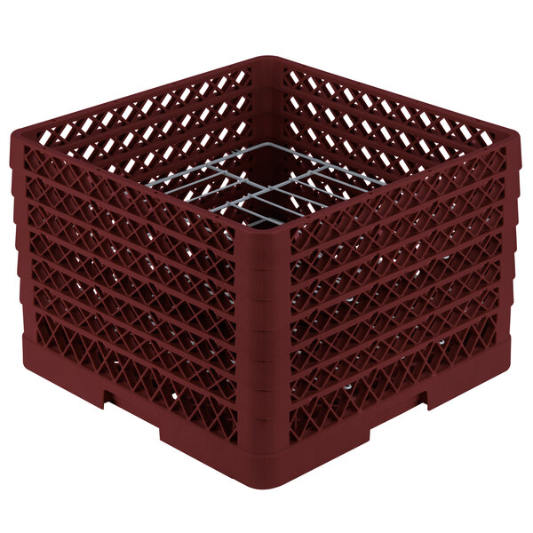 A burgundy plastic Vollrath crate with metal grates.