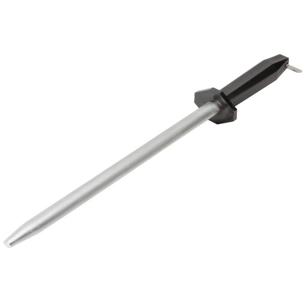 A Victorinox metal knife sharpening rod with a black plastic handle.