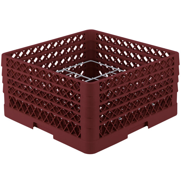A burgundy plastic Vollrath plate rack with silver metal rods.