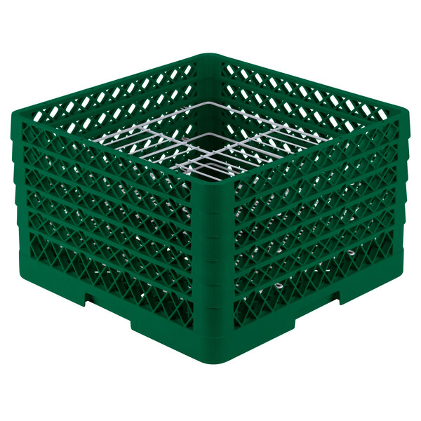 A green plastic Vollrath Traex Plate Crate with metal rods.