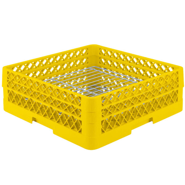 A yellow plastic Vollrath Plate Crate with metal dividers.