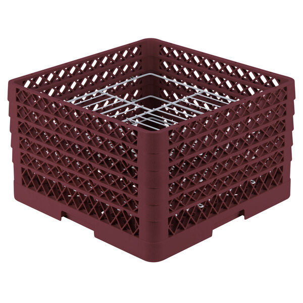 A burgundy plastic Vollrath Traex Plate Crate with metal grates.