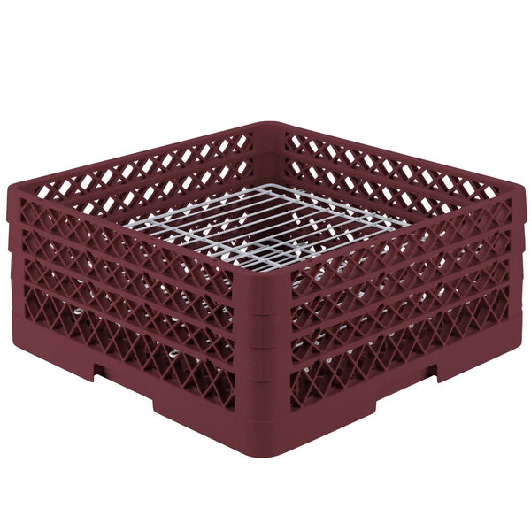 A Vollrath burgundy Traex Plate Crate with a white metal grate with holes.