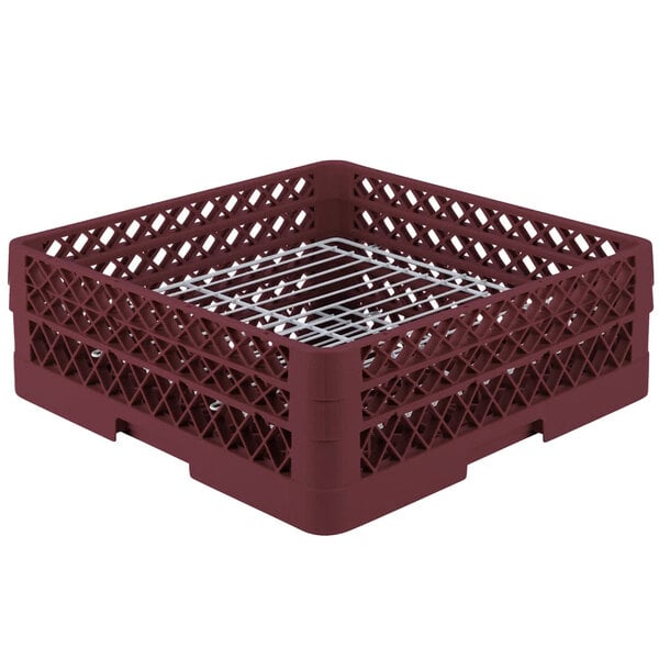 A Vollrath Traex Plate Crate with burgundy plastic baskets and metal grates.