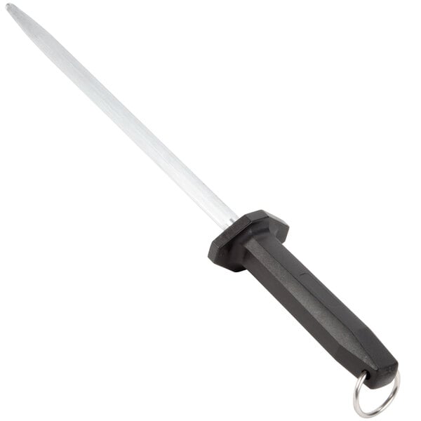 A Mercer Culinary knife sharpening steel with a black handle.