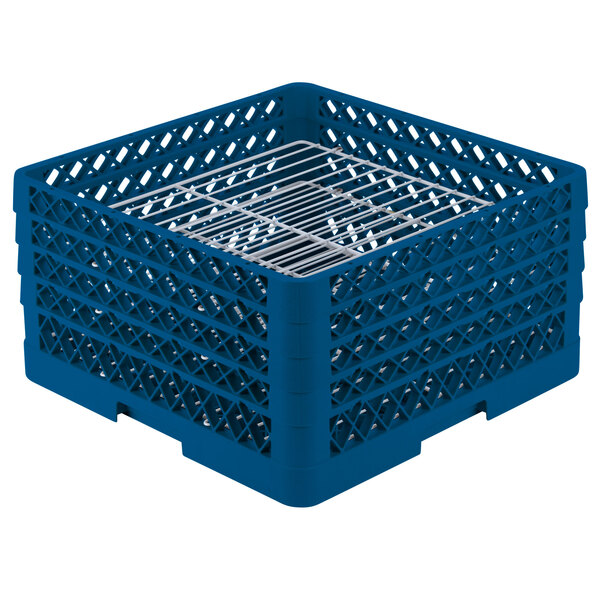A blue plastic crate with metal grate for Vollrath plates.
