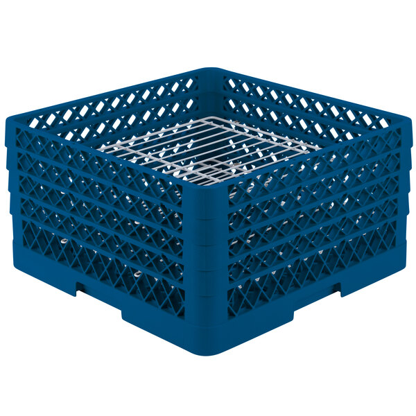 A blue plastic Vollrath Traex Plate Crate with metal grates.