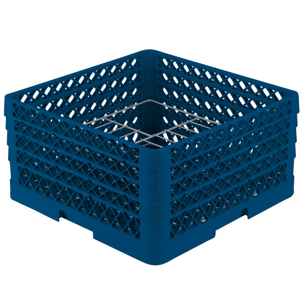 A royal blue Vollrath Traex Plate Crate for 15 plates with silver metal rods.