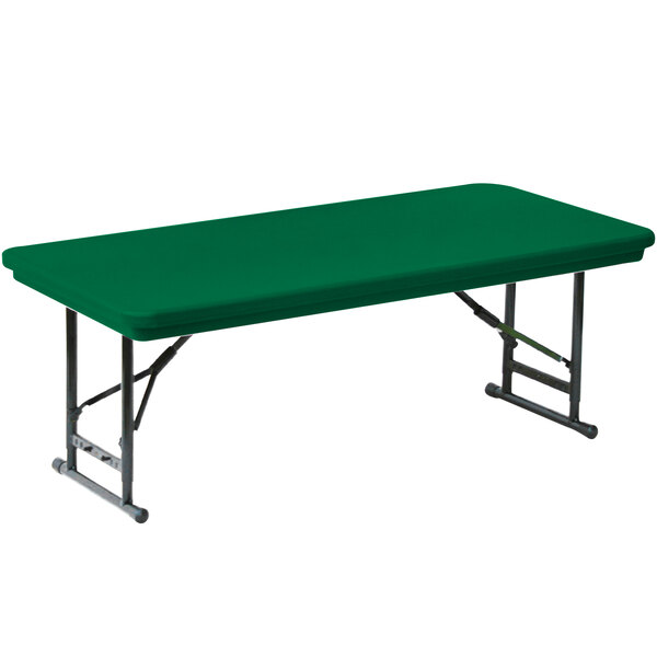 A green rectangular Correll folding table with metal legs.